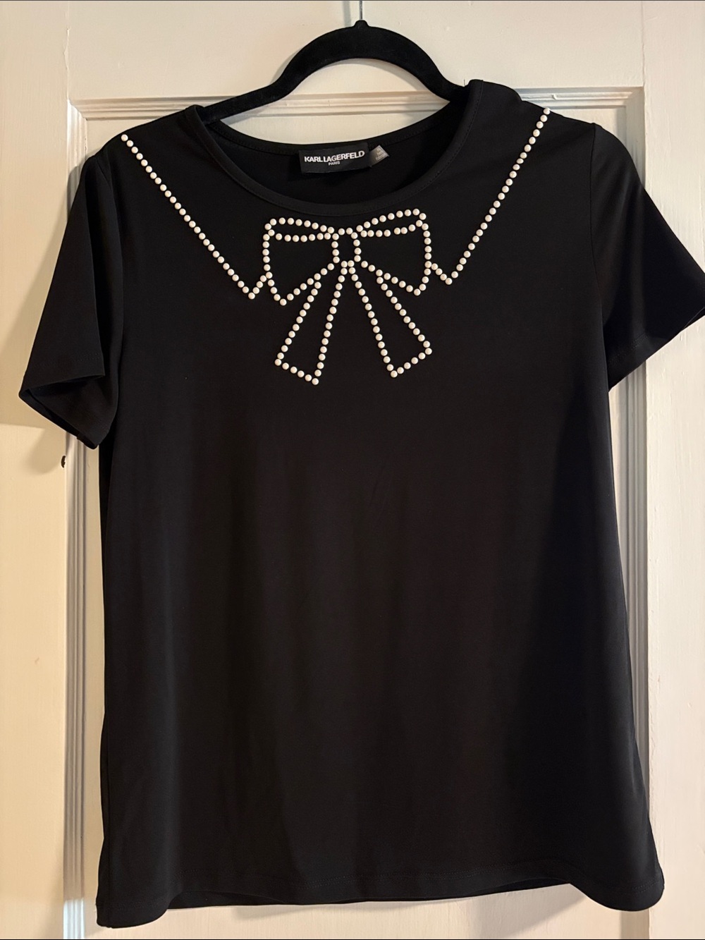 Karl Lagerfeld Black Short Sleeve Top with Pearl-Style Studded Bow